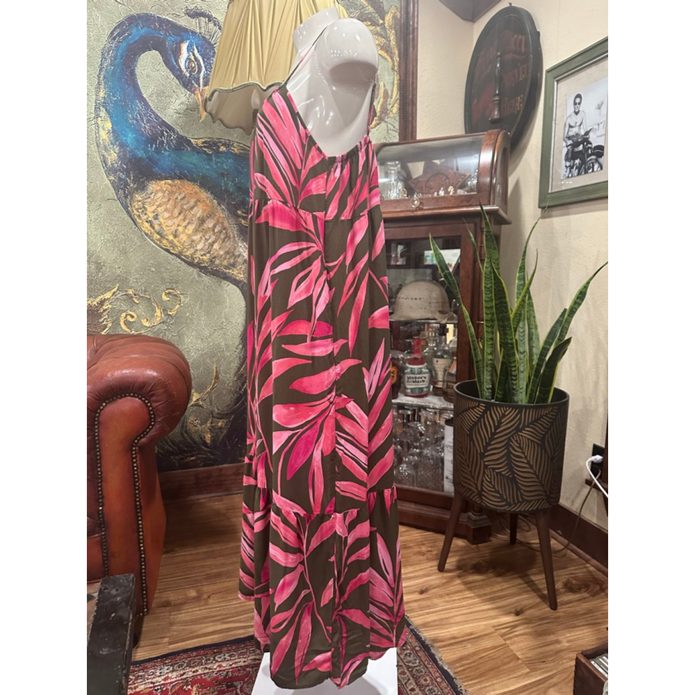 Time and Tru Tropical Maxi Dress Large Olive Pink Palm Leaf - Picture 3 of 8
